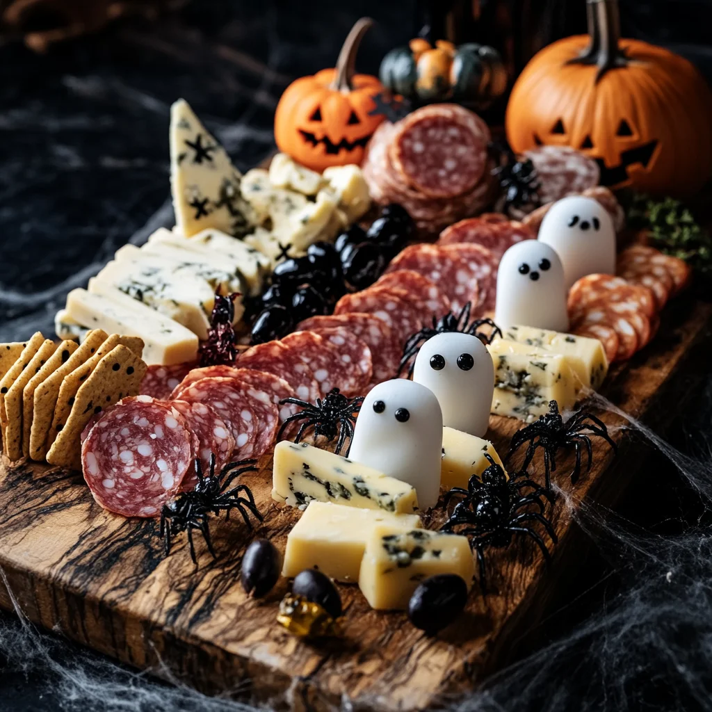 A Halloween-themed charcuterie board featuring a variety of cheeses, meats, crackers, and spooky decorations like mini pumpkins, ghosts, and cobwebs