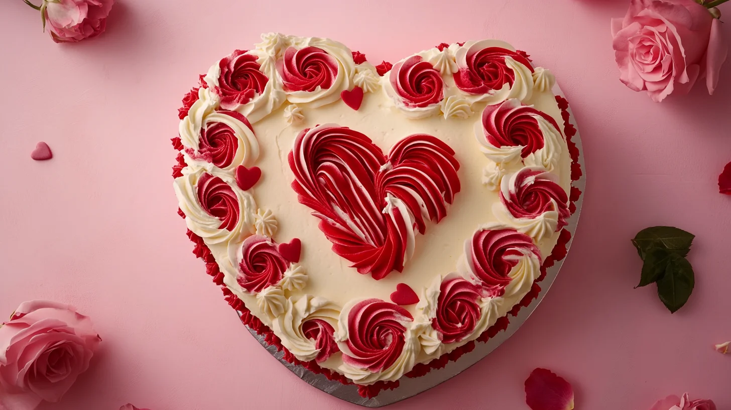 A beautifully decorated heart-shaped cake on a pink background with red and white frosting, surrounded by roses, and soft romantic lighting for a Valentine's