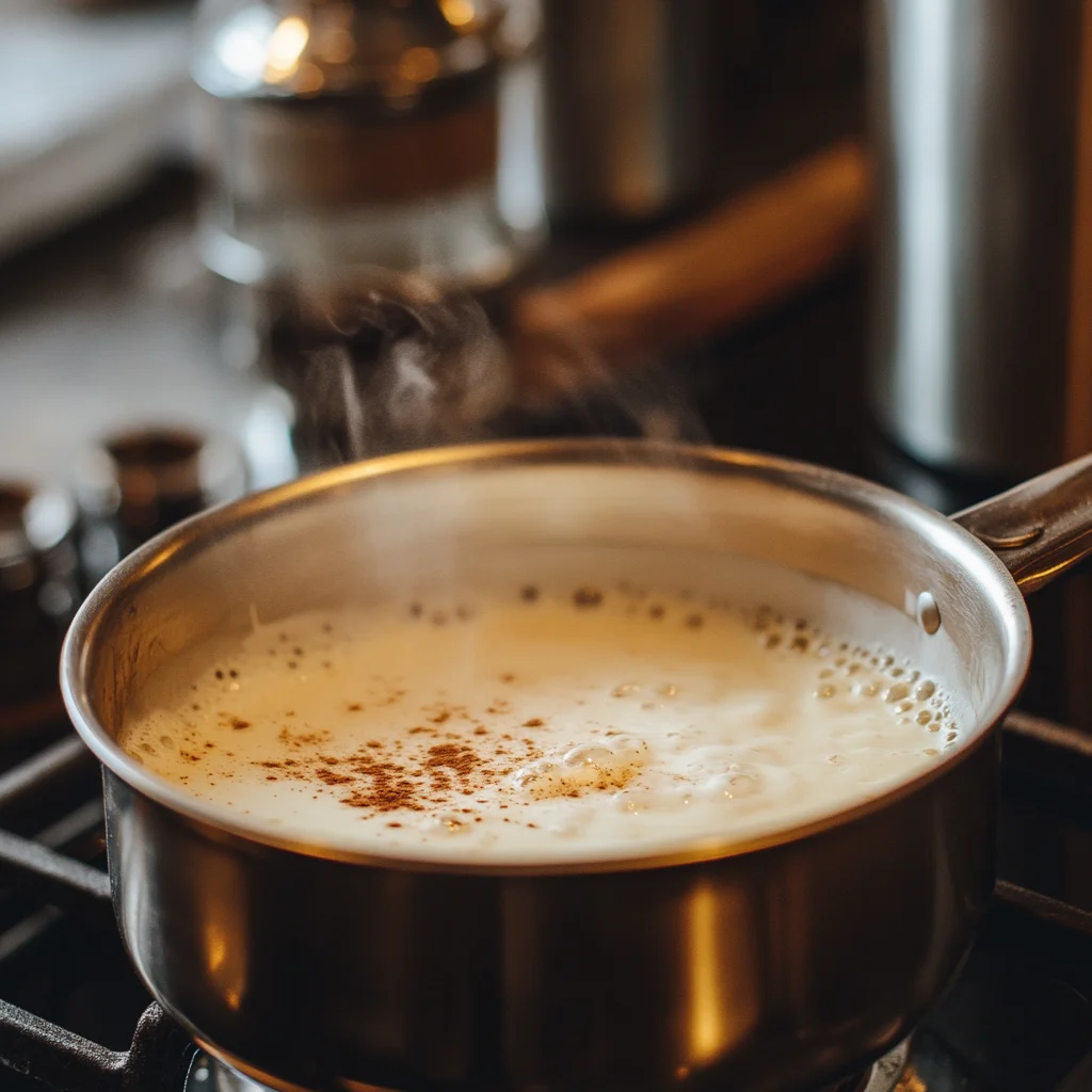 Infusing coffee into cream in a saucepan, showing the coffee grounds and cream mixing over gentle heat