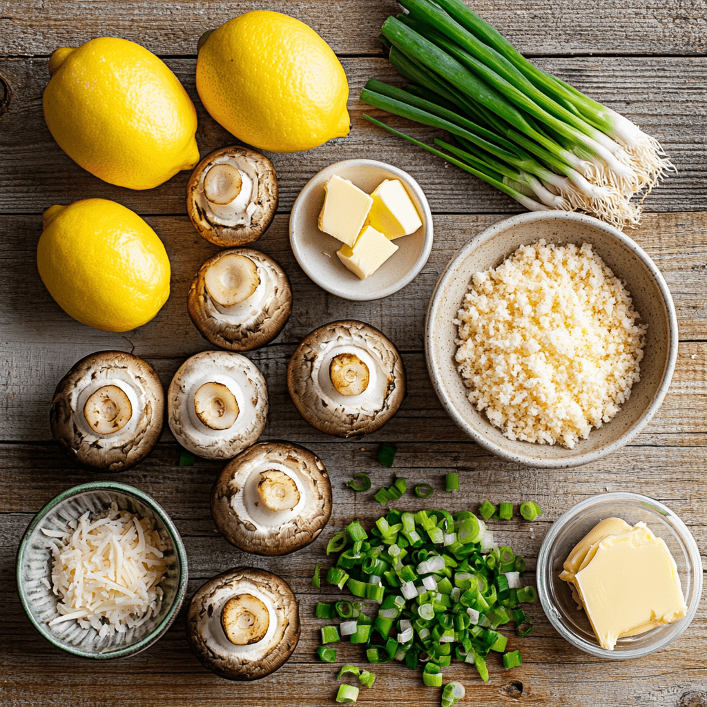 Overhead view of ingredients for crab-stuffed mushrooms, including crabmeat, mushrooms, cheese, breadcrumbs, and more