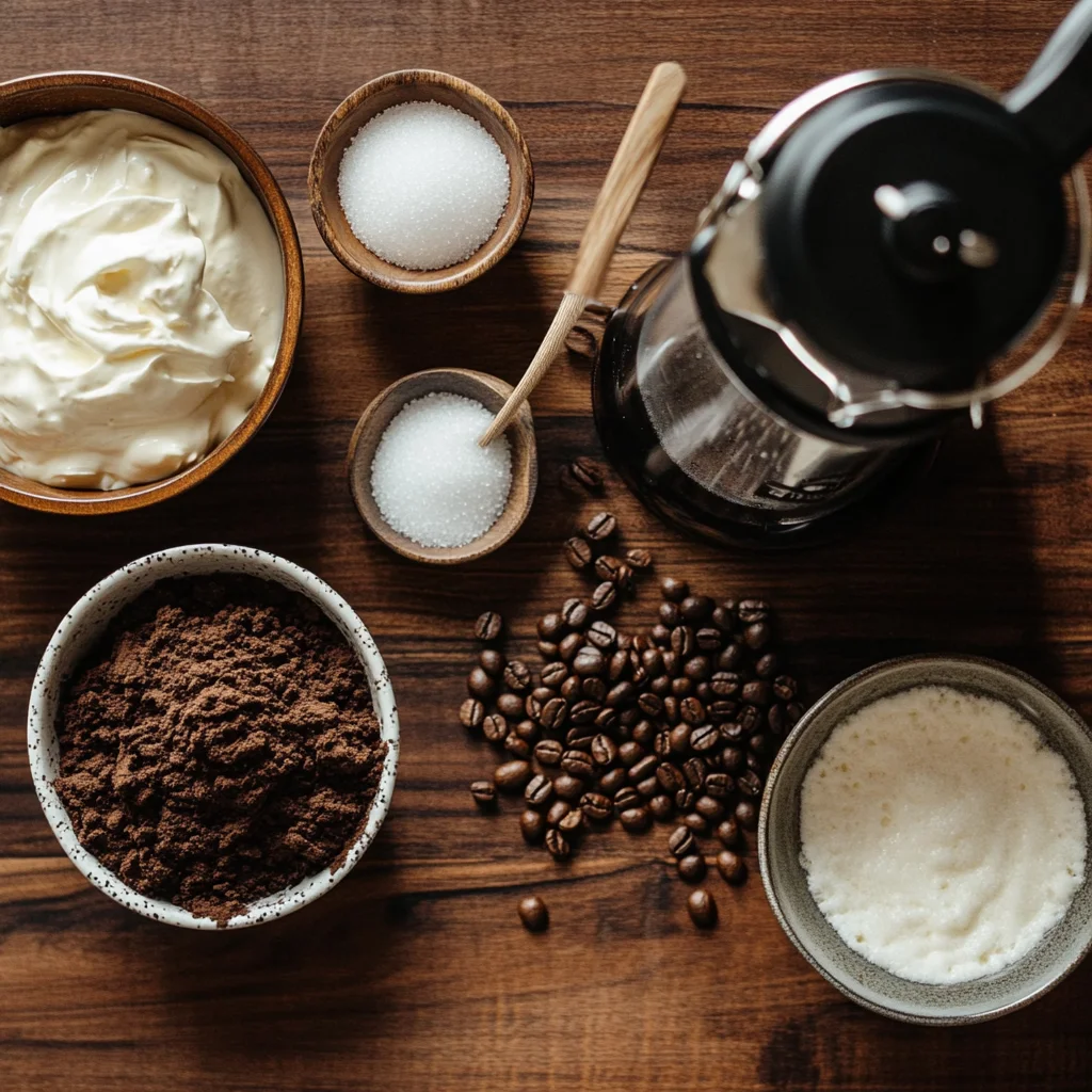 Ingredients for coffee-infused whipped cream, including heavy cream, ground coffee, and a French press