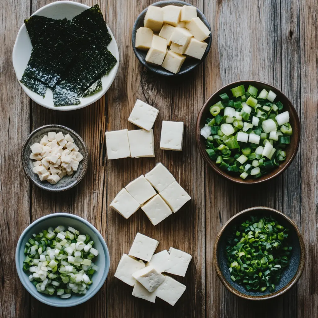 Fresh ingredients for miso soup laid out on a wooden table, including miso paste, tofu, seaweed, green onions, and dashi