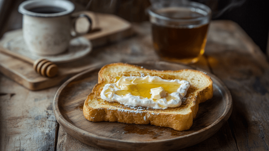 Golden-brown Irish toast with cream and honey on a wooden breakfast table