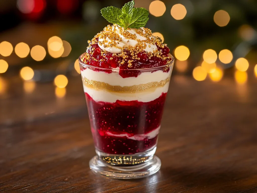 A festive layered dessert in a glass, featuring red compote, white mousse, and golden sprinkles with mint garnish