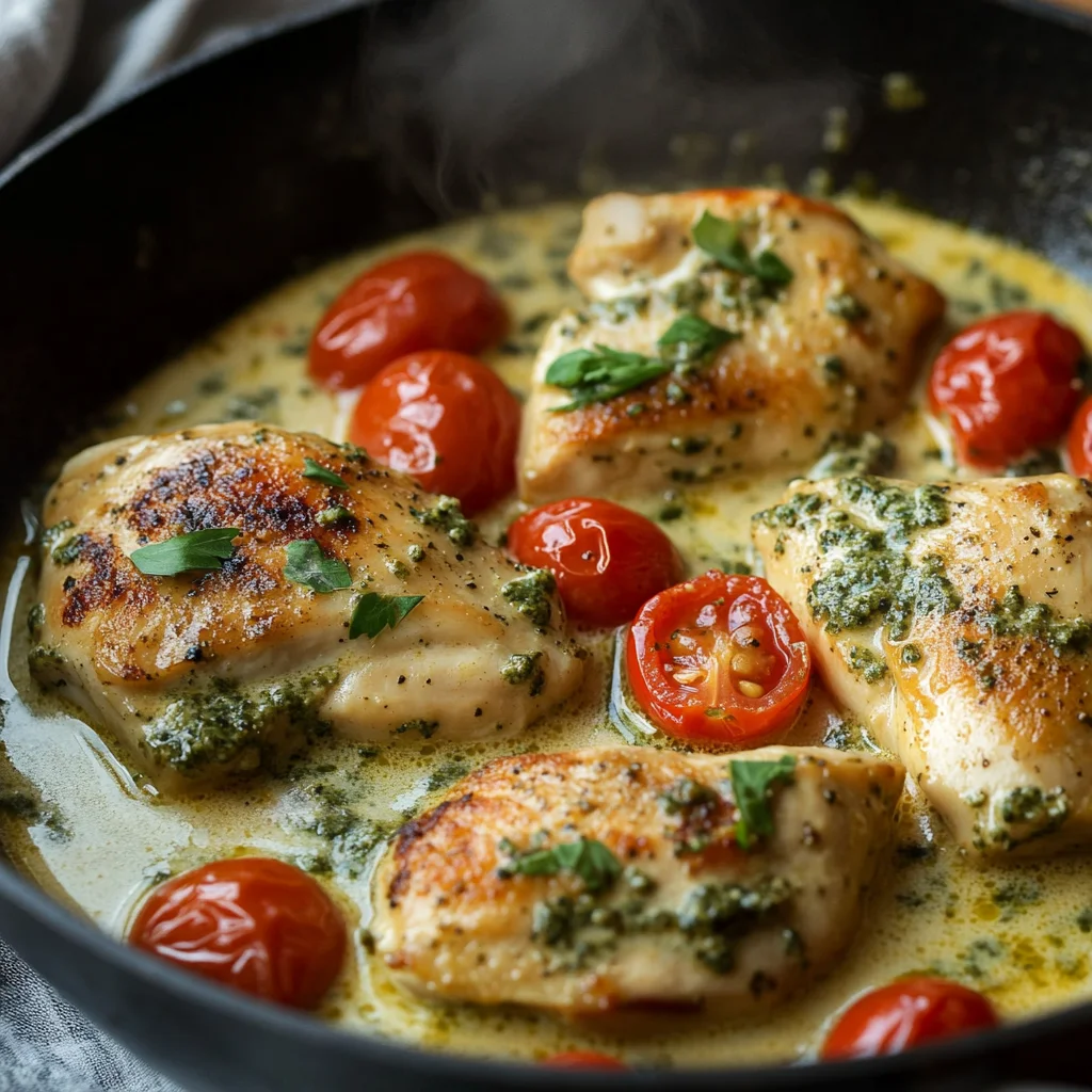 Close-up of a skillet with chicken simmering in creamy pesto sauce, steam rising, and vibrant halved grape tomatoes adding a pop of color