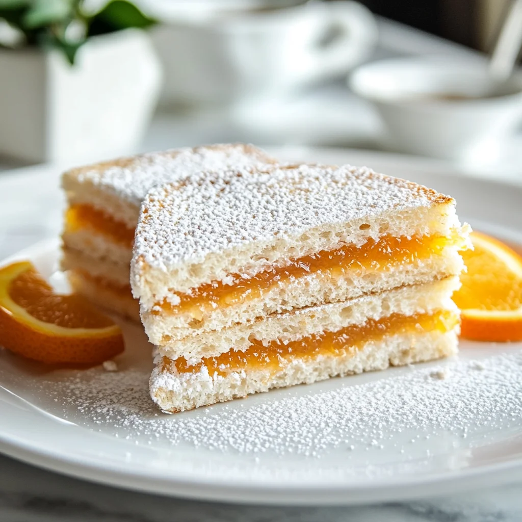 Close-up of a marmalade sandwich with powdered sugar and an orange slice garnish.