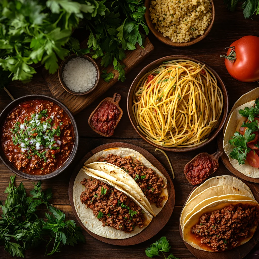 A variety of dishes made from minced beef, including tacos, spaghetti Bolognese, and beef meatballs, arranged on a wooden kitchen table with fresh herbs and ingredients