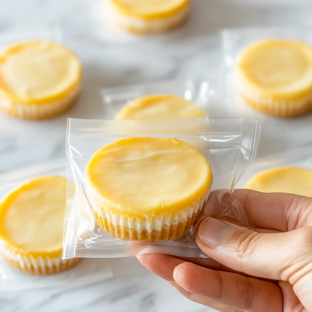 Mini cheesecakes stored in an airtight container, wrapped securely to prevent freezer burn, inside a freezer