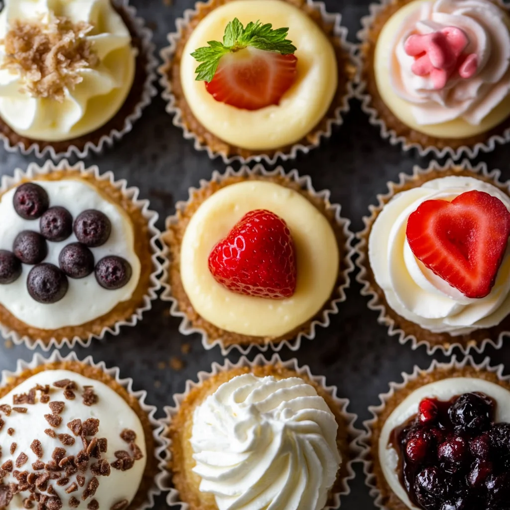 Mini cheesecakes with different toppings displayed on a clean white plate, highlighting the creamy texture and rich colors