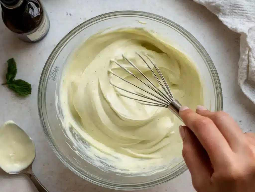 A bowl of creamy mint filling being whisked to perfection.