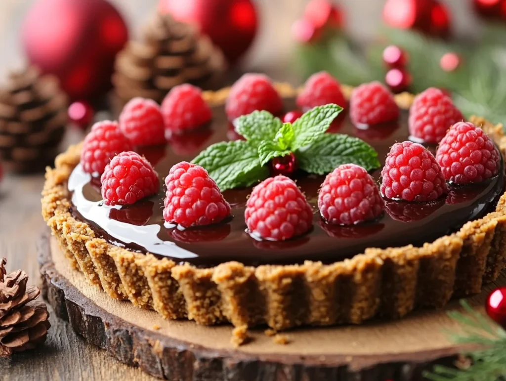 A rich no-bake chocolate tart topped with fresh raspberries and mint, displayed with holiday-themed decorations