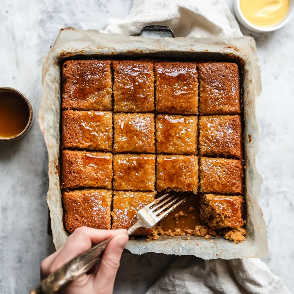 Overhead shot of crinkle cake squares being served on a rustic wooden table