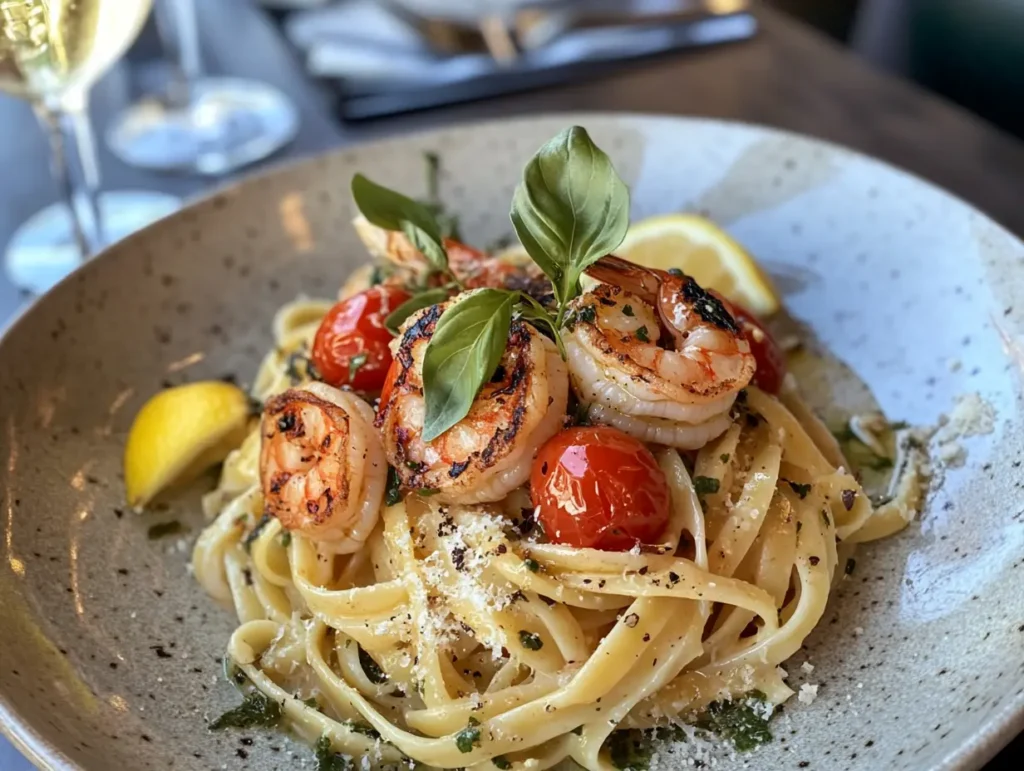 Pasta with cherry tomatoes, grilled shrimp, and fresh herbs served with a glass of white wine