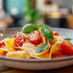 Delicious pasta with cherry tomatoes, Parmesan, and basil served on a rustic table