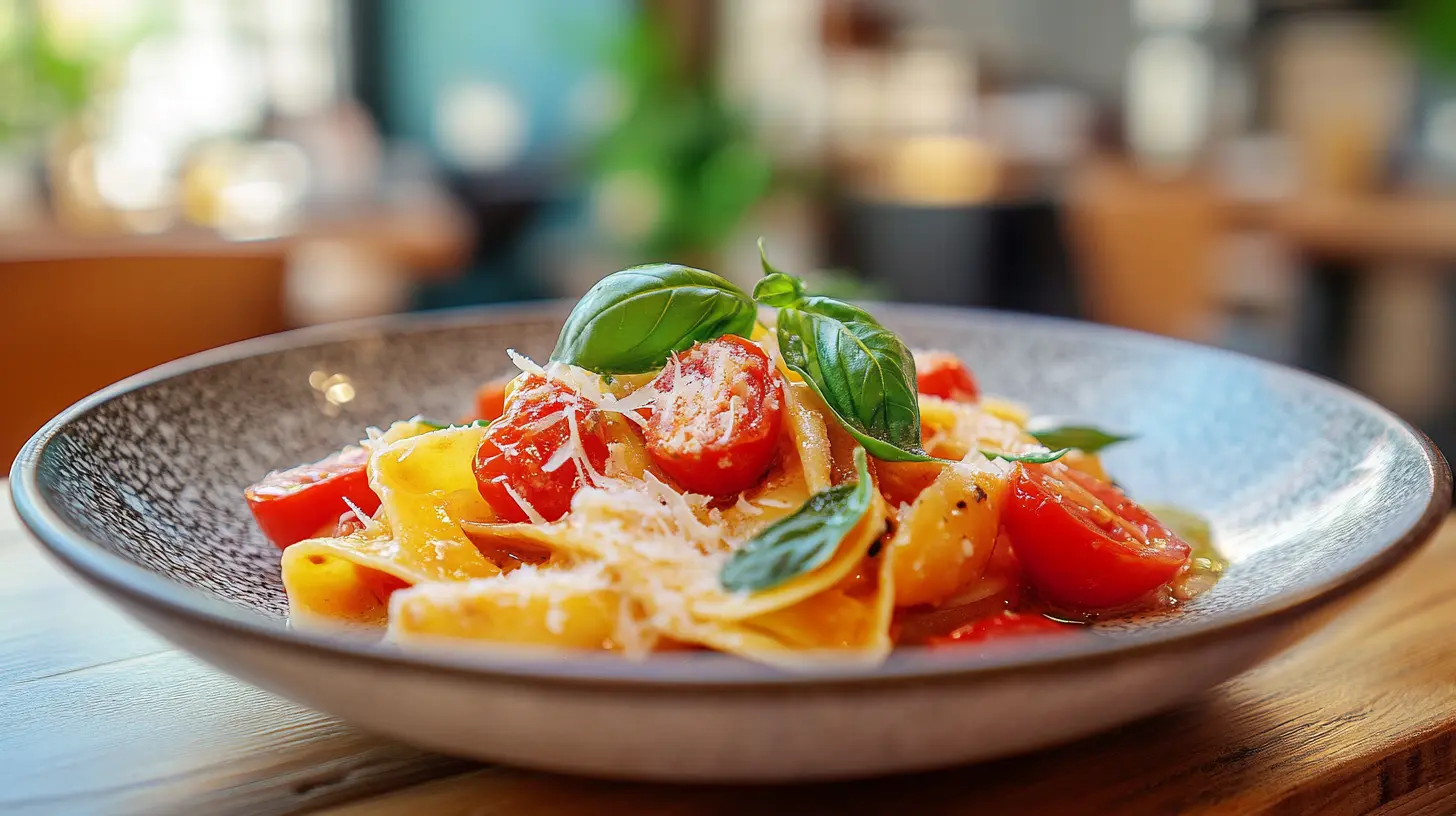 Delicious pasta with cherry tomatoes, Parmesan, and basil served on a rustic table