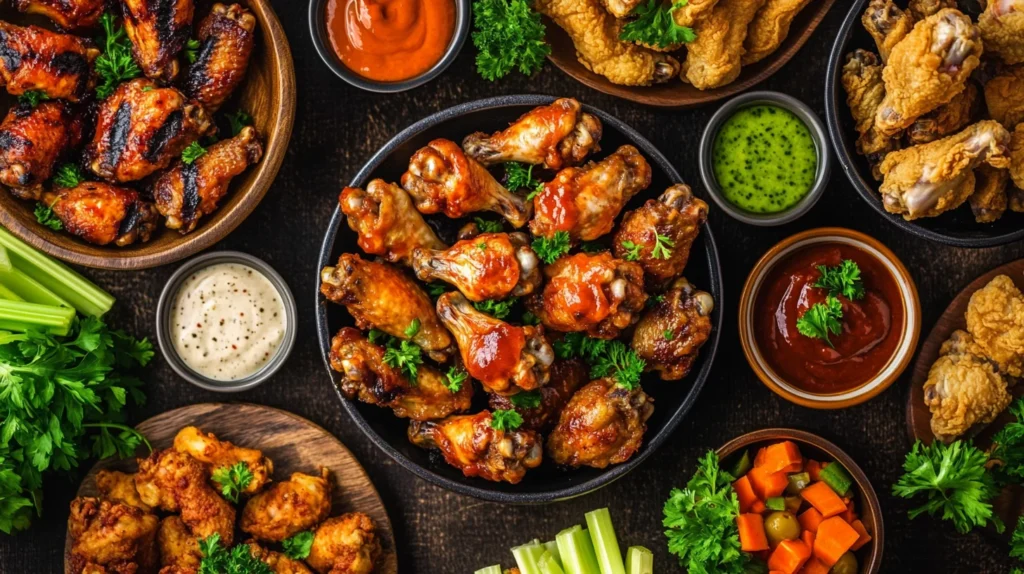 A variety of cooked chicken wings served with dipping sauces and garnishes on a wooden table