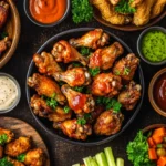 A variety of cooked chicken wings served with dipping sauces and garnishes on a wooden table