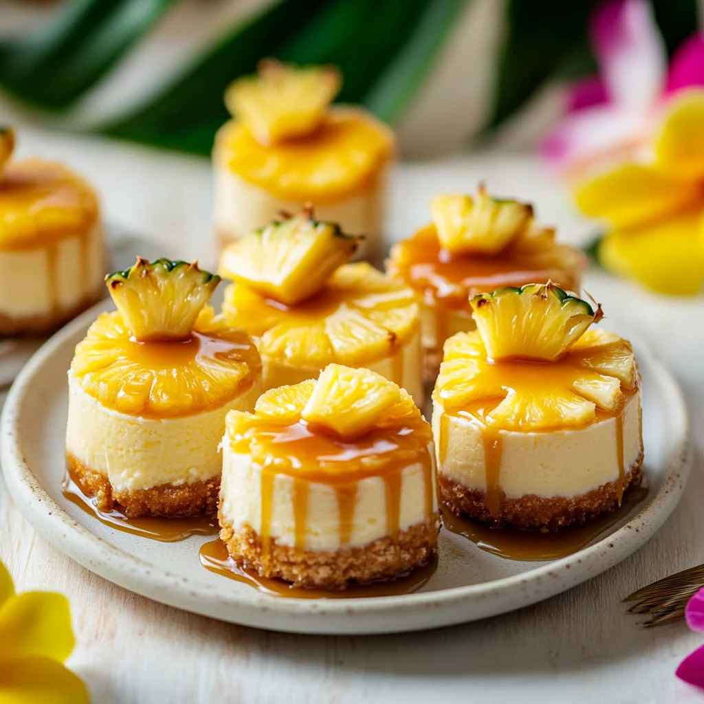 Elegant presentation of Pineapple Paradise Mini Cheesecakes on a decorative tray, topped with fresh pineapple slices and mint leaves