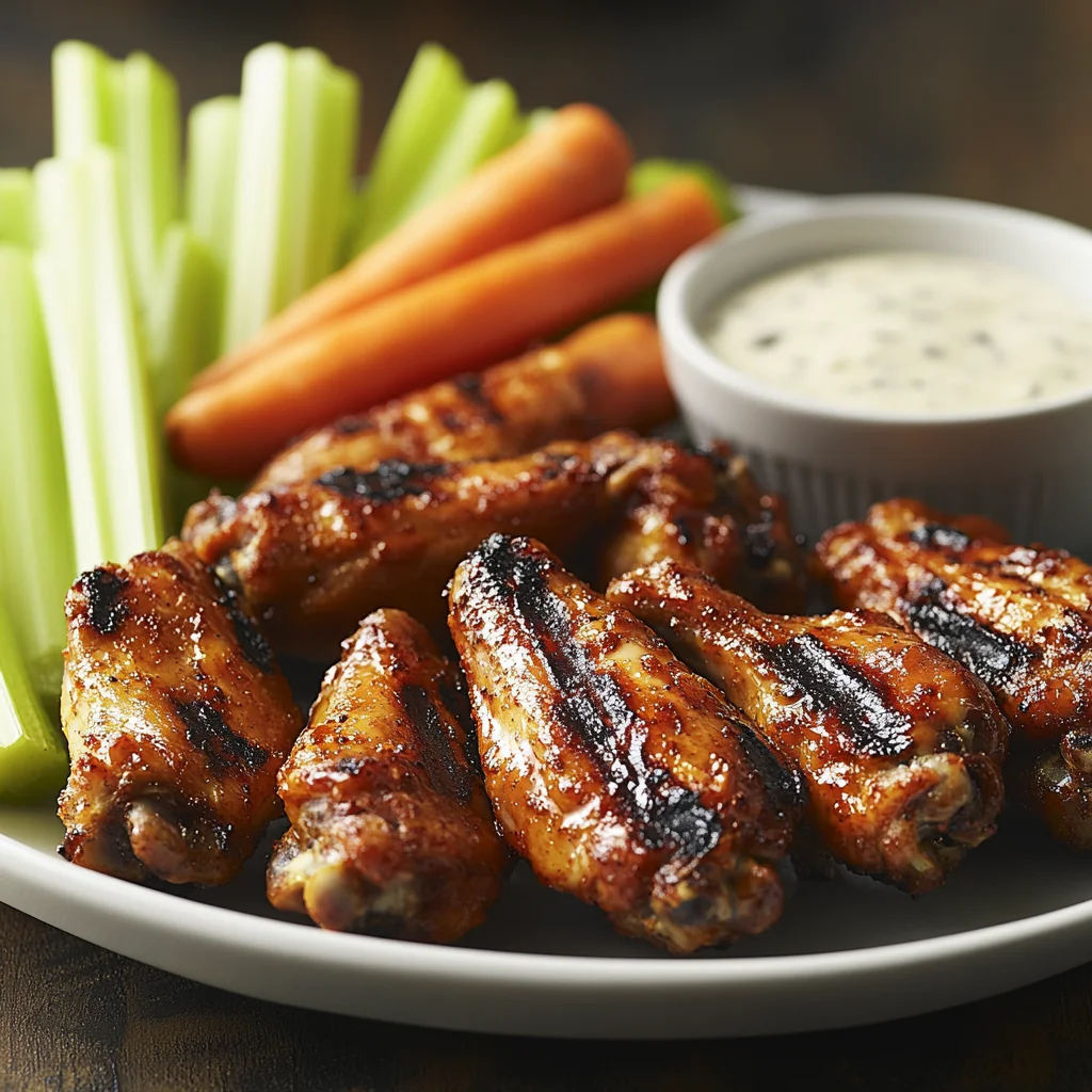 Plate of healthy grilled chicken wings served with fresh vegetables and low-calorie dipping sauce, showing a nutritious, low-calorie alternative