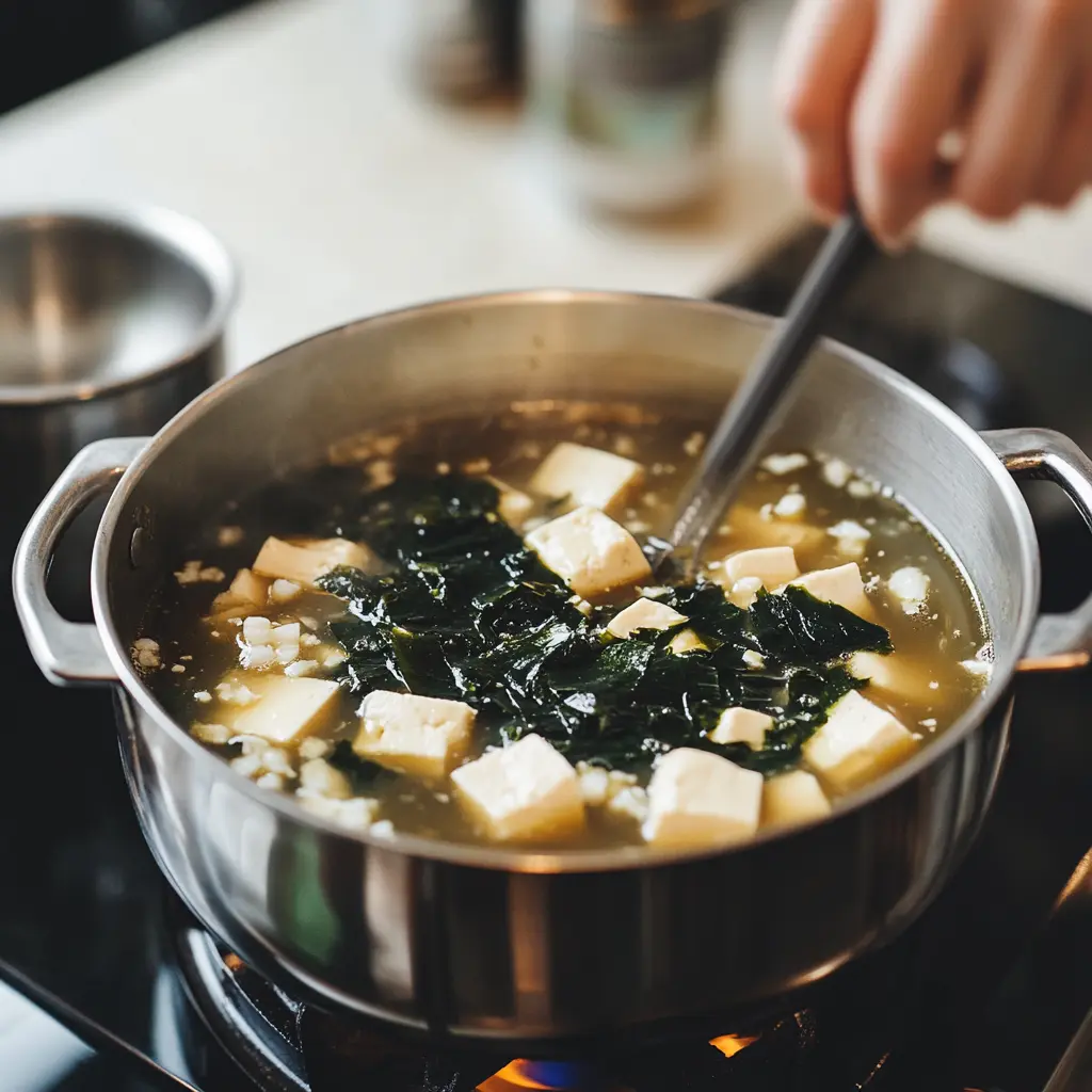 Step-by-step process of making miso soup: simmering dashi with kombu and bonito flakes, followed by adding miso paste, tofu, and seaweed in a bright kitchen