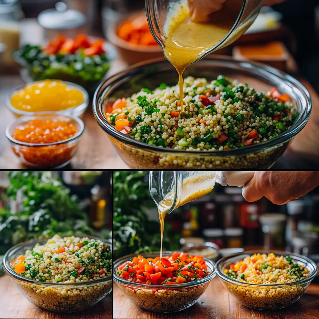 Step-by-step preparation of cowboy caviar couscous salad with couscous, vegetables, and dressing