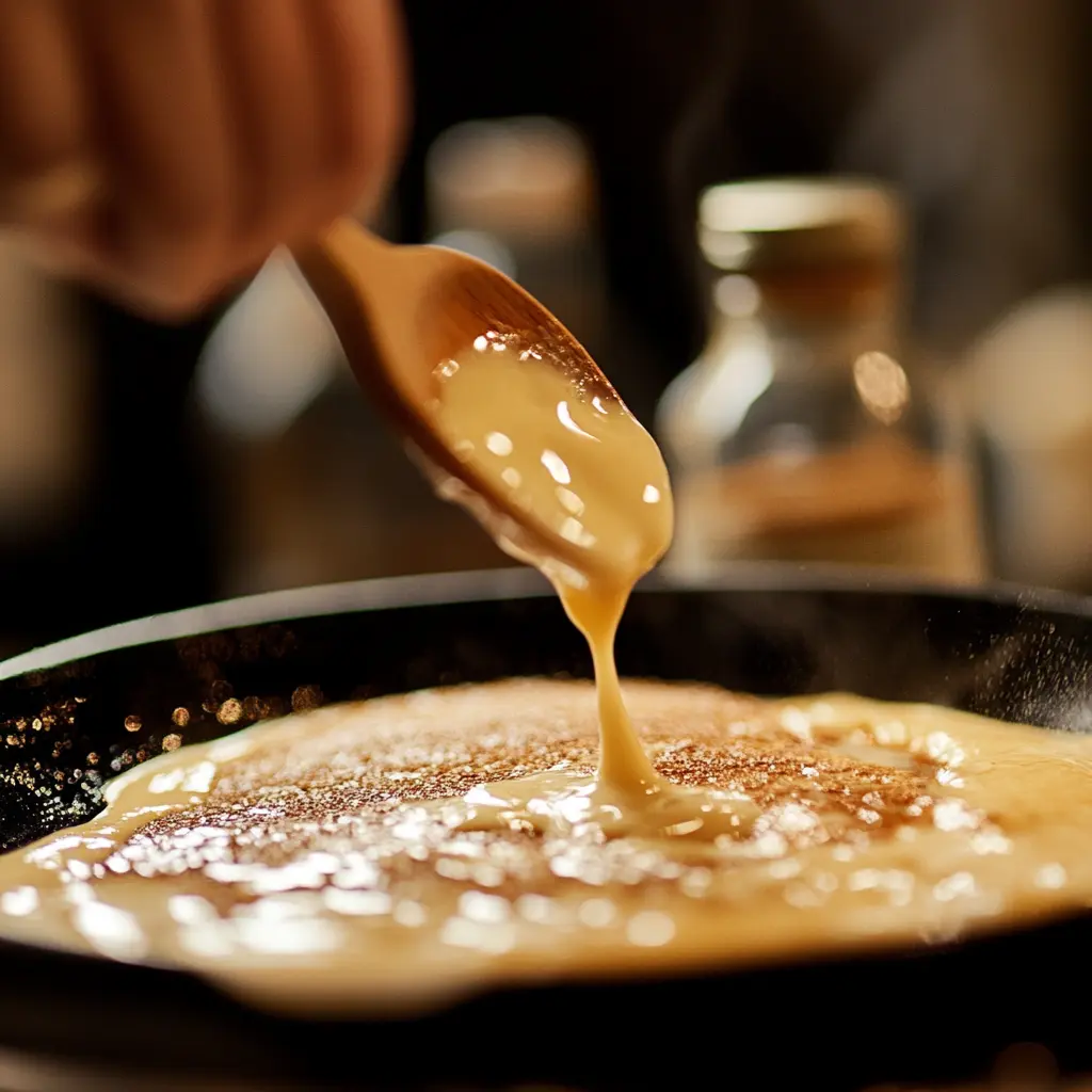 Close-up of pancake batter being poured onto a griddle with cinnamon and vanilla extract in the background