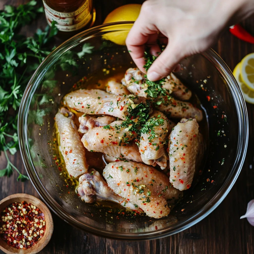 Raw chicken wings in a bowl being marinated with spices and herbs.