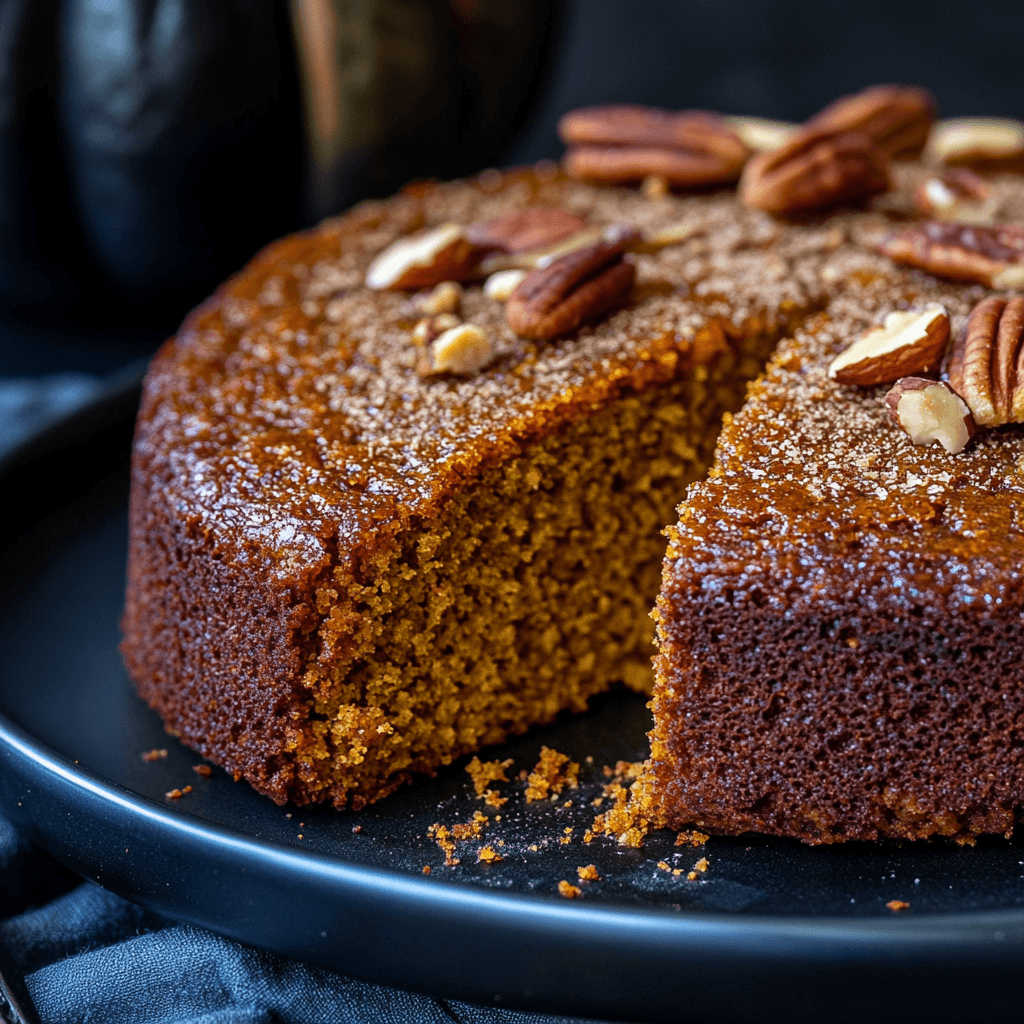 A close-up of a sliced pumpkin olive oil cake showcasing its moist, tender texture, topped with a sprinkle of cinnamon and chopped nuts for added crunch