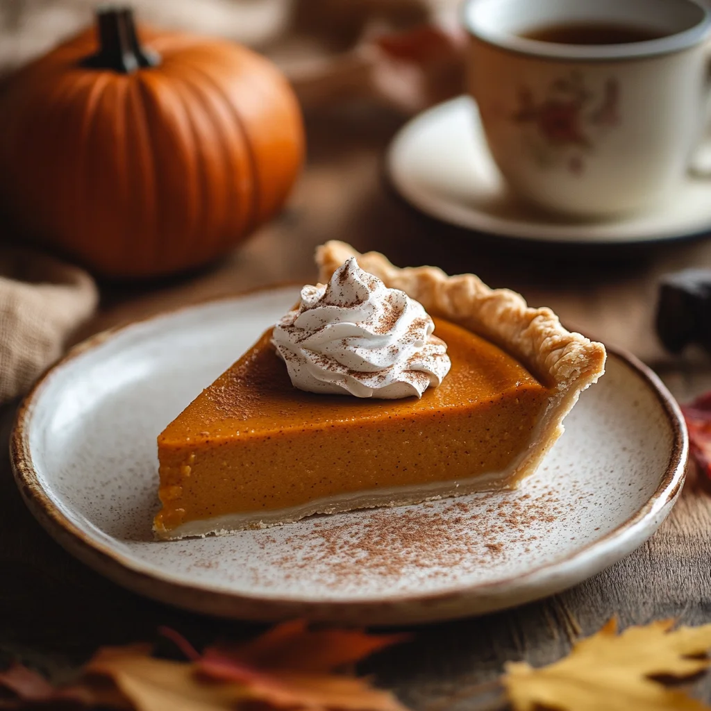 A slice of freshly baked pumpkin pie topped with whipped cream and a sprinkle of cinnamon, served on a wooden plate in a cozy autumn setting