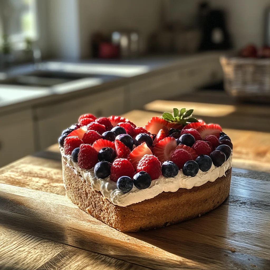 Romantic heart-shaped cake with fresh fruit on a wooden kitchen table, captured with an iPhone 15 in a warm, cozy kitchen setting.