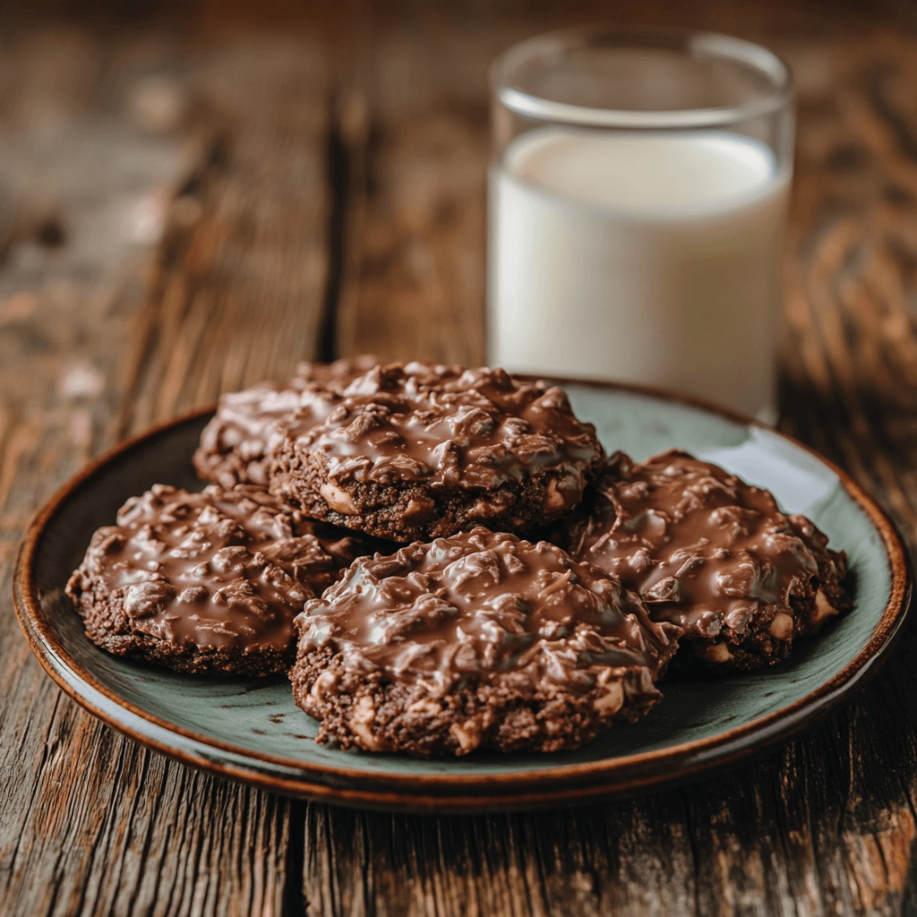 A close-up of a plate of chocolate no bake cookies without peanut butter, neatly arranged with a glass of milk on the side, set on a wooden table with natural lighting