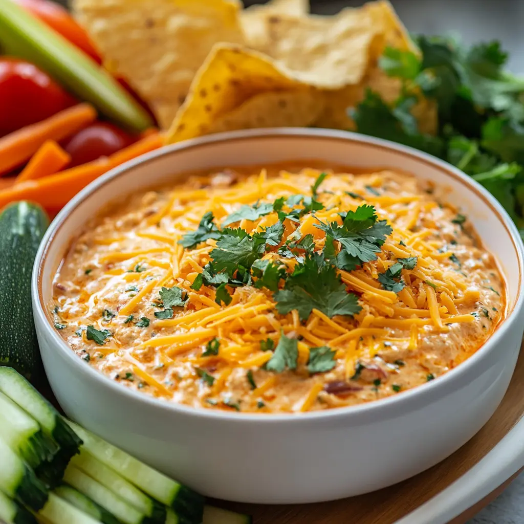 A serving bowl of Boat Dip with shredded cheese and cilantro, served with tortilla chips and veggie sticks on a platter