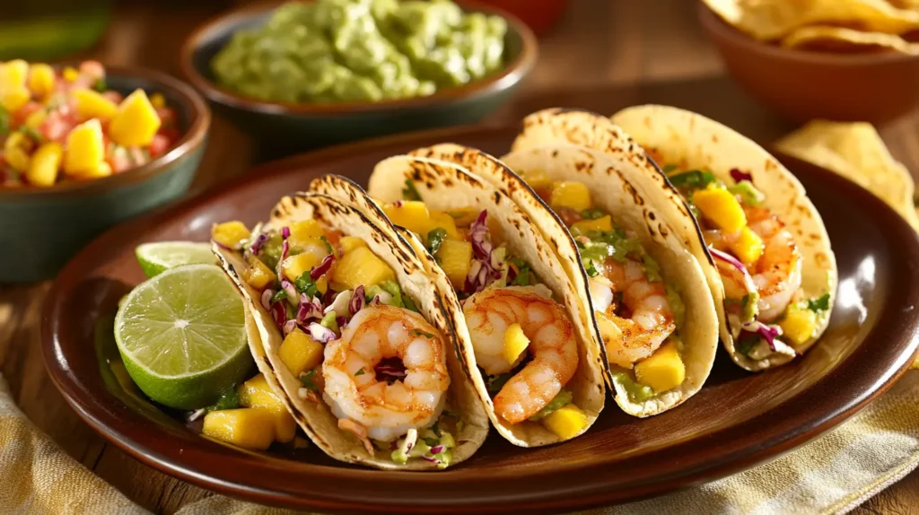 Plate of shrimp tacos with lime wedges, slaw, mango, guacamole, and salsa in a warm kitchen setting