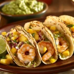 Plate of shrimp tacos with lime wedges, slaw, mango, guacamole, and salsa in a warm kitchen setting