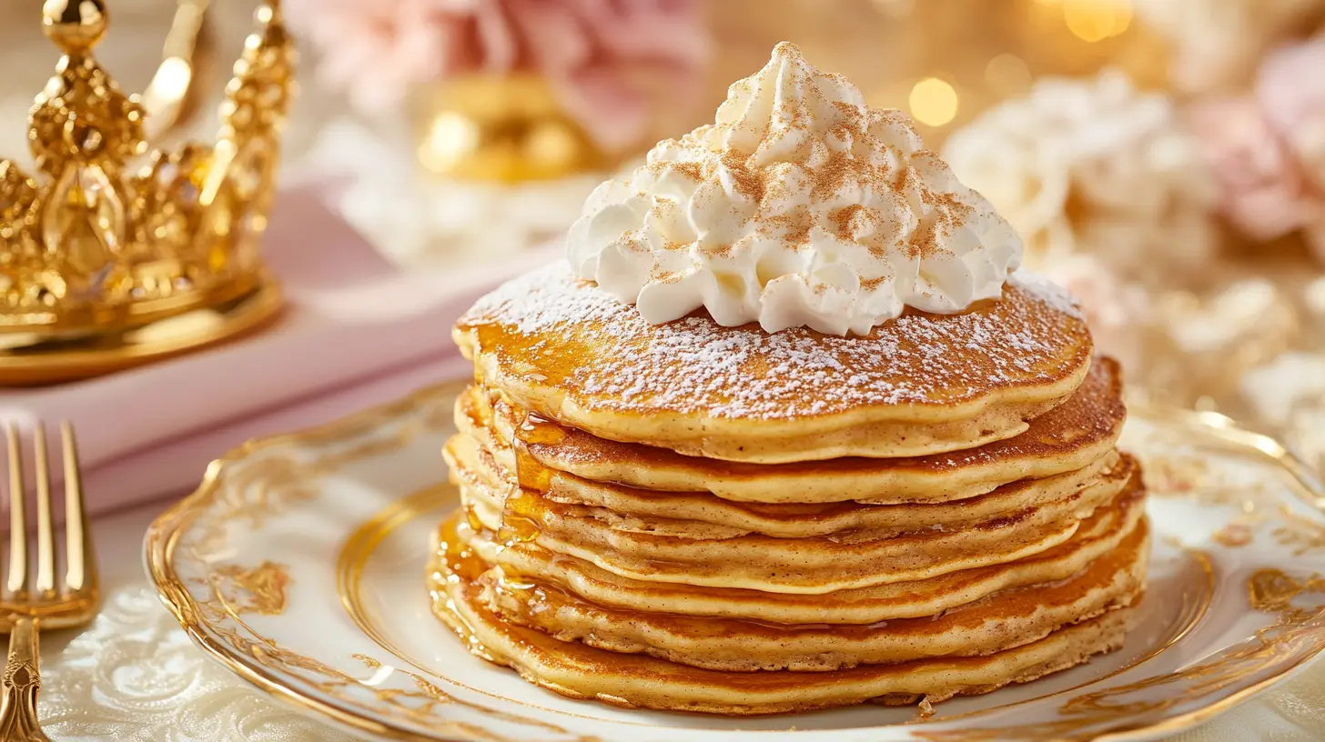 A stack of snickerdoodle pancakes topped with whipped cream and maple syrup on a royal-themed breakfast table