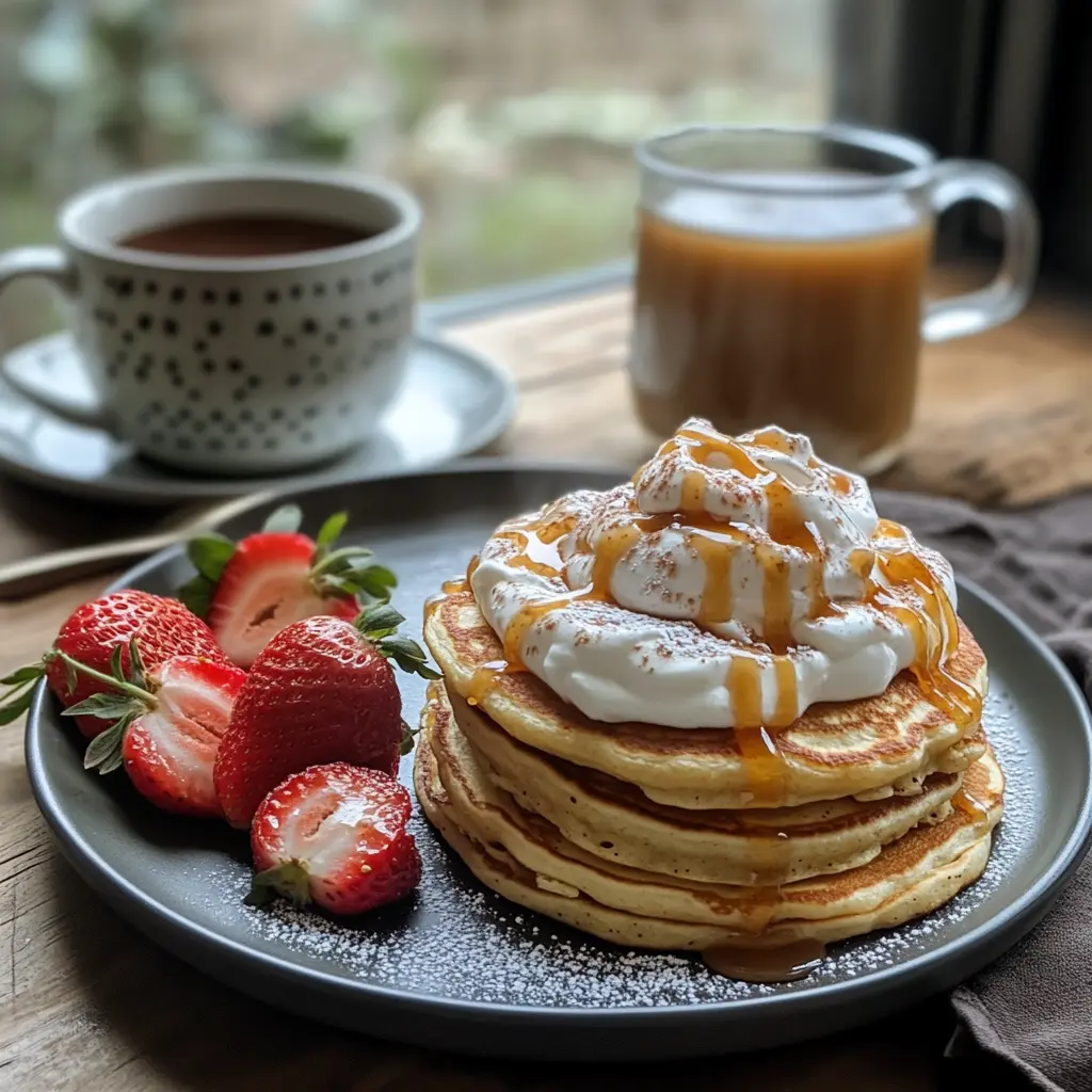 A breakfast plate with snickerdoodle pancakes topped with strawberries and caramel, next to a cup of chai tea