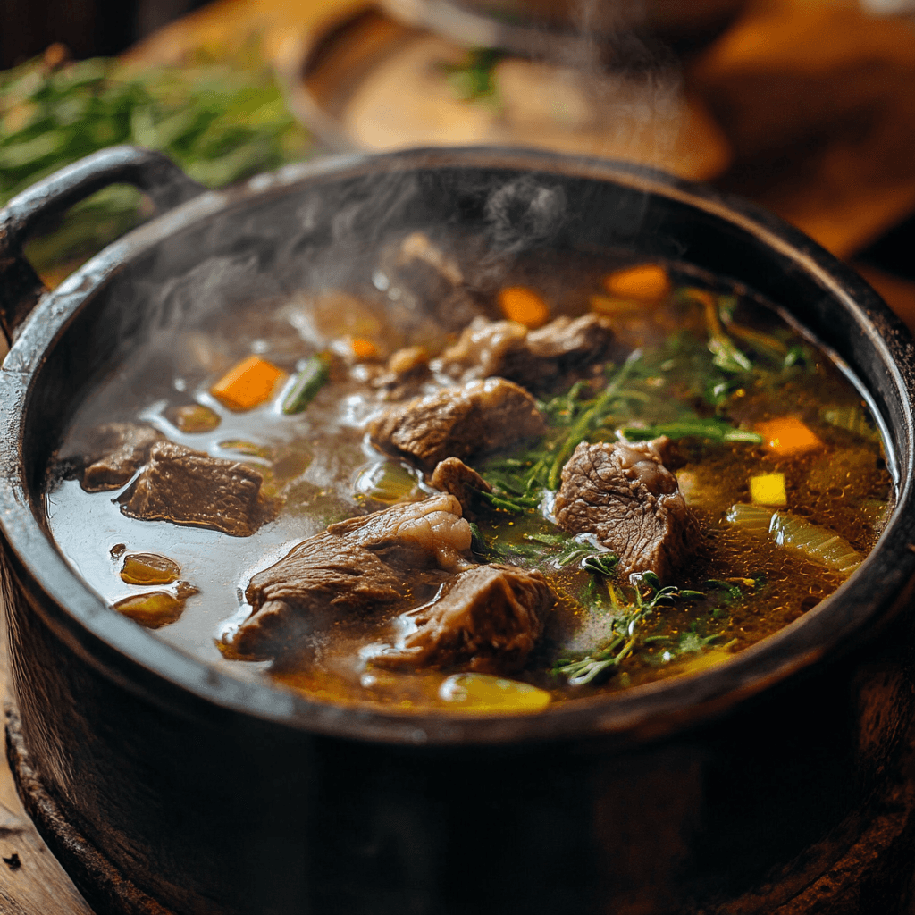 Beef soup bones simmering in a pot with vegetables and herbs, creating a rich and flavorful broth in a cozy kitchen setting