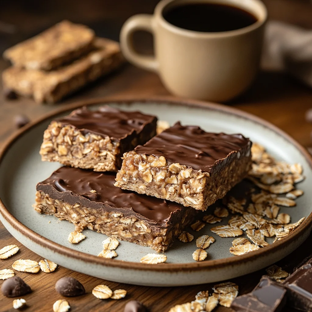 Delicious chocolate peanut butter oatmeal bars served for breakfast, with a cozy ambiance