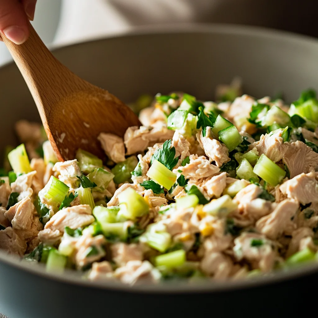 Step-by-step preparation of canned chicken salad, mixing fresh ingredients together in a large bowl