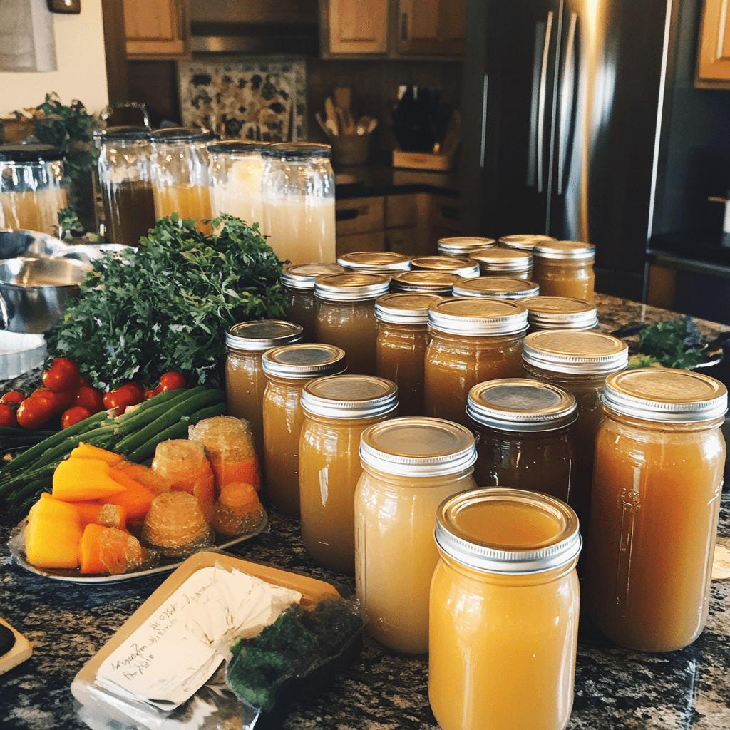 Homemade soup bone broth stored in glass jars, with labels, on a kitchen counter, illustrating how to store and reuse bone broth