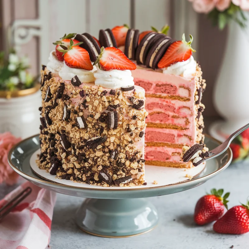 Strawberry Crunch Cake on a cake stand. The cake has multiple layers of strawberry cake with whipped cream topping