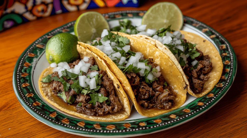 Plate of tacos de lengua with corn tortillas, beef tongue, cilantro, onions, and lime, styled on a rustic table with Mexican decorations