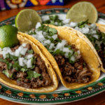 Plate of tacos de lengua with corn tortillas, beef tongue, cilantro, onions, and lime, styled on a rustic table with Mexican decorations