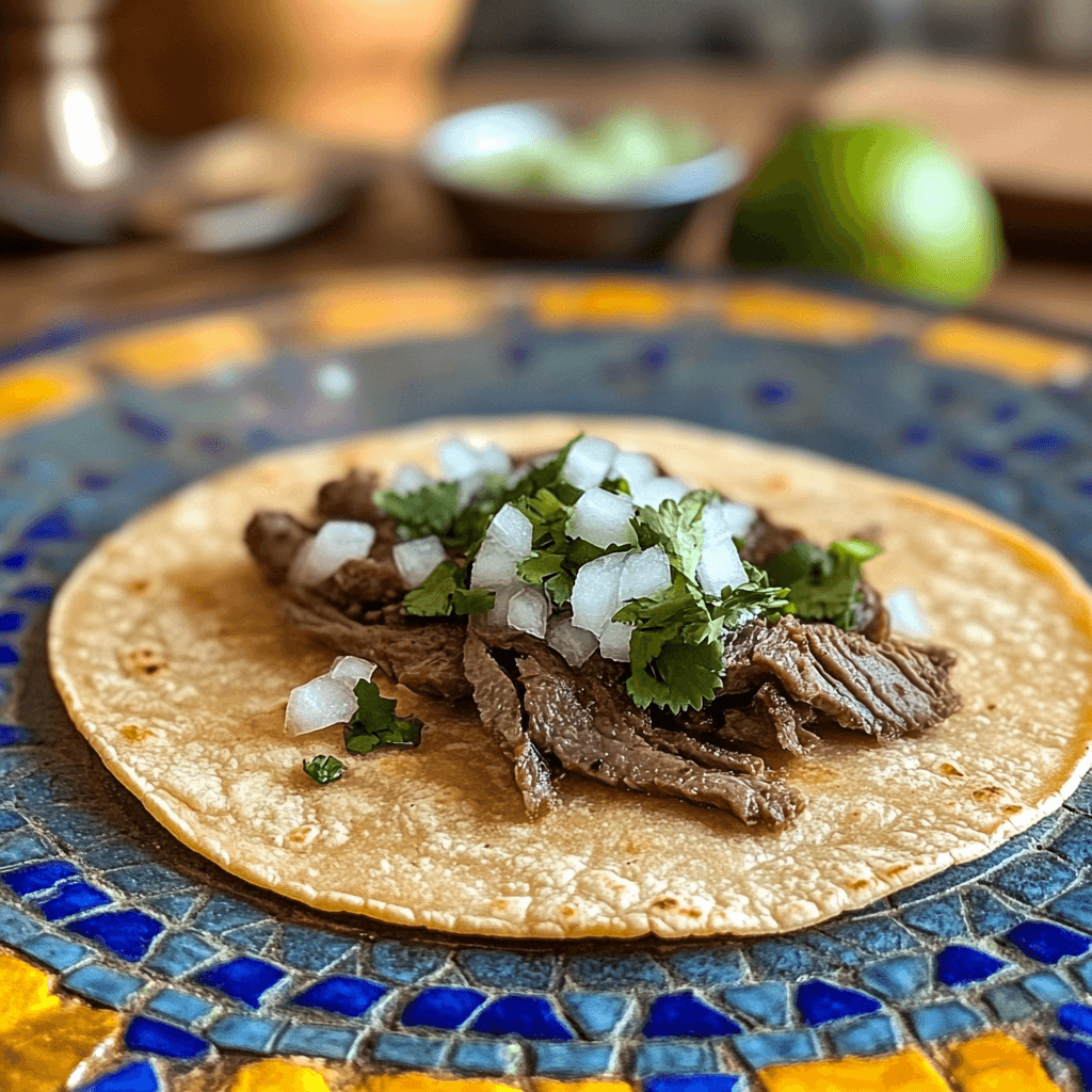 Close-up of a taco de lengua on a corn tortilla with onions, cilantro, and lime in a vibrant Mexican kitchen setting