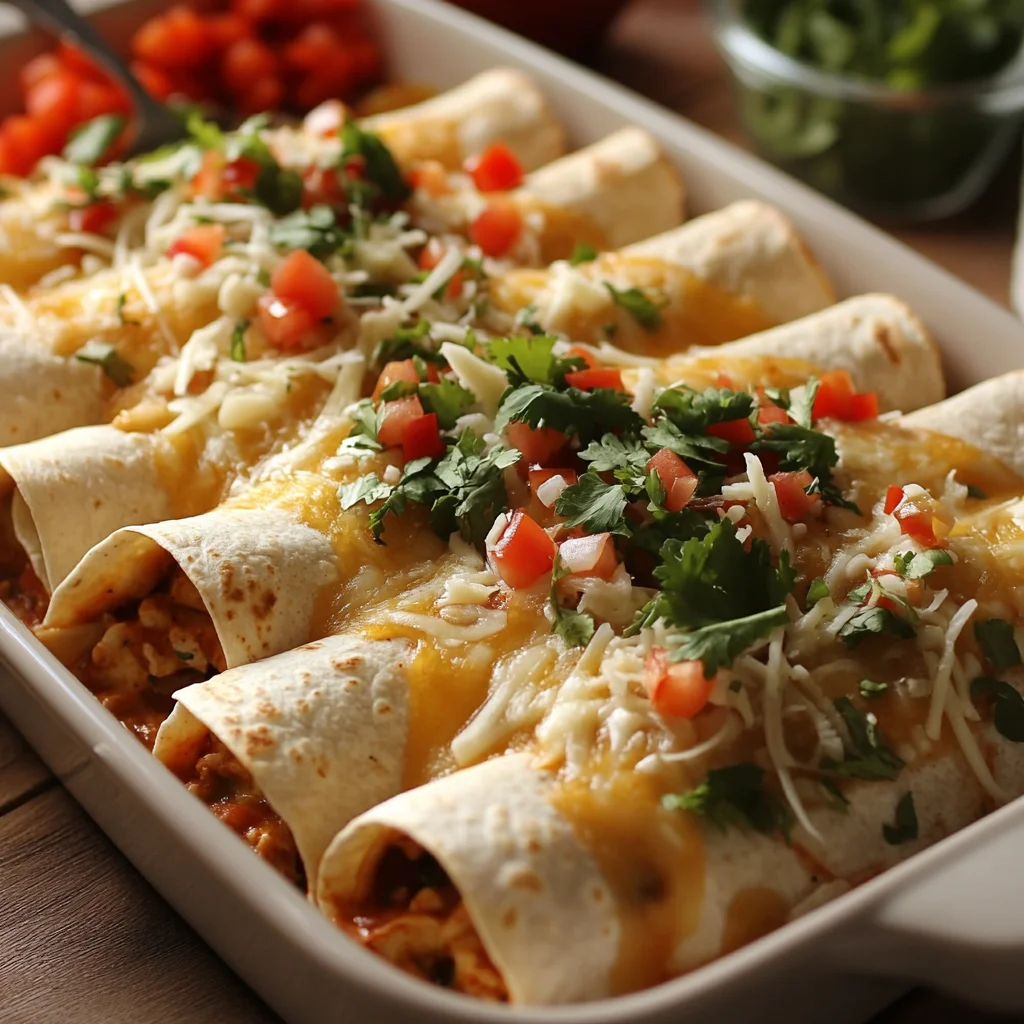 Step-by-step process of making enchiladas, showing tortillas being stuffed with shredded chicken, beans, and cheese, rolled tightly, and neatly arranged in a casserole dish ready for baking.