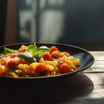 A plate of cherry tomato pasta with fresh basil and Parmesan on a rustic table