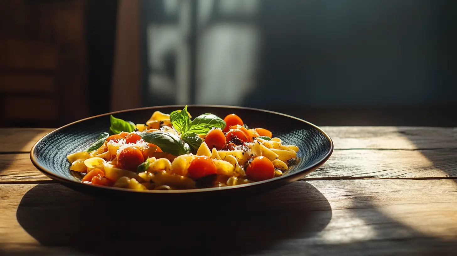 A plate of cherry tomato pasta with fresh basil and Parmesan on a rustic table