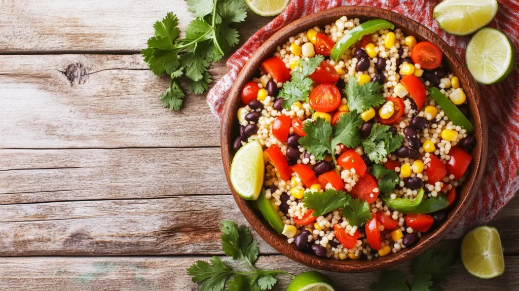 Colorful cowboy caviar couscous salad with diced vegetables, black beans, and lime dressing in a bowl