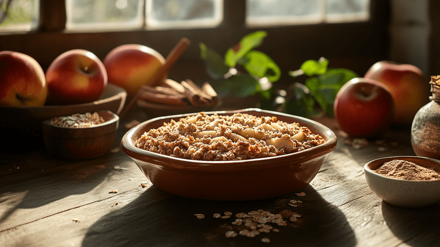 Rustic apple crumble with whole wheat topping served in a ceramic dish on a wooden table.