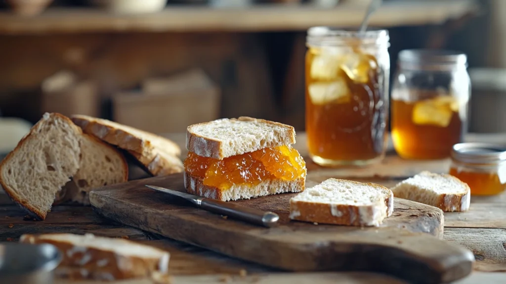 A marmalade sandwich on a cutting board with marmalade jar and bread slices